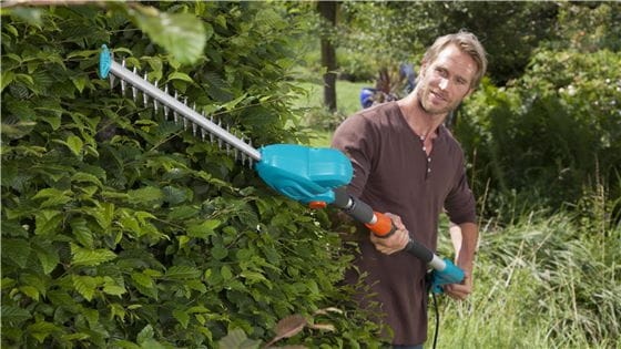 A young man trimming a high hedge, using the telescopic handle of the Gardena Hedge Trimmer
